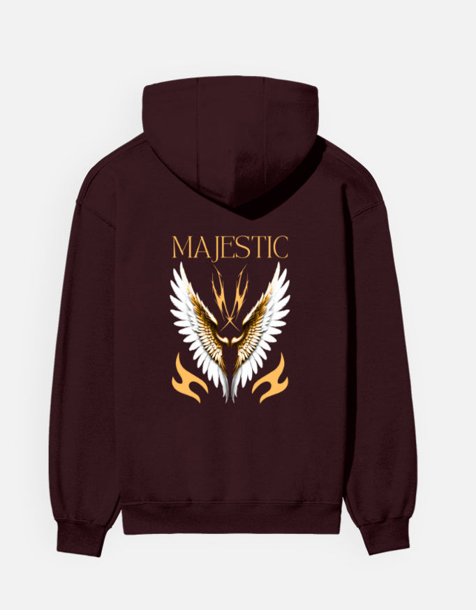 Majestic Wings hoodie in Maroon – gold 'MAJESTIC' wordmark above white-and-gold wings back print, back view, Bonzo Peter's