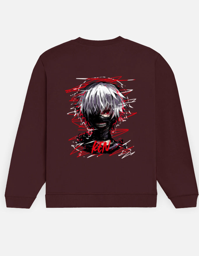 Ken Kaneki sweatshirt in Maroon – masked white-haired face in red and white scribble strokes with 'KEN' lettering back print, Bonzo Peter's