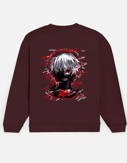 Ken Kaneki sweatshirt in Maroon – masked white-haired face in red and white scribble strokes with 'KEN' lettering back print, Bonzo Peter's