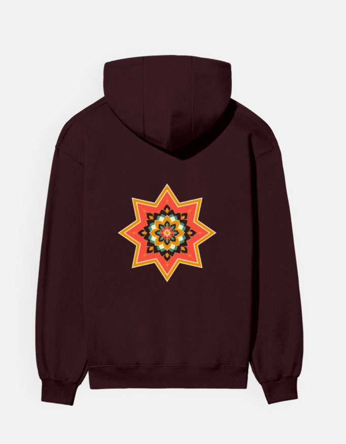 Ajrakh Star hoodie in Maroon – large Ajrakh star back print, back view, Bonzo Peter's