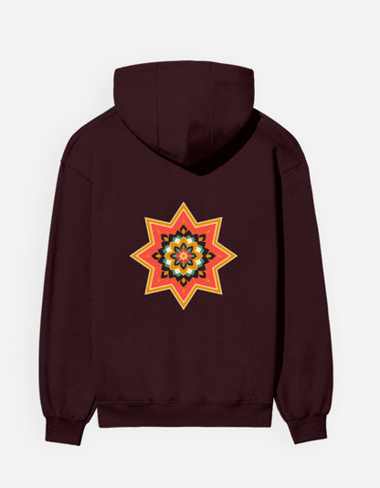 Ajrakh Star hoodie in Maroon – large Ajrakh star back print, back view, Bonzo Peter's