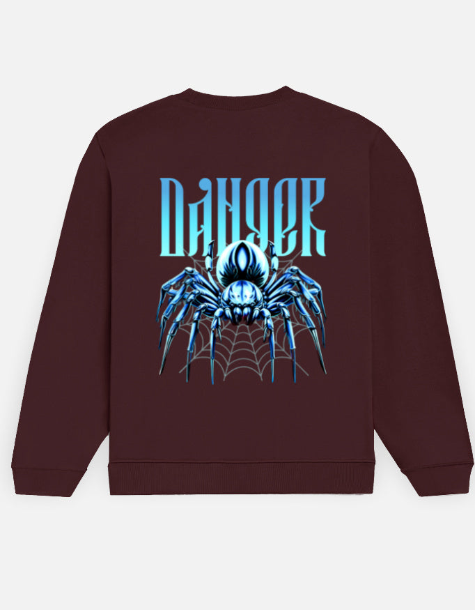 Danger Spider sweatshirt in Maroon – blue spider on a web with gothic 'DANGER' lettering back print, back view, Bonzo Peter's