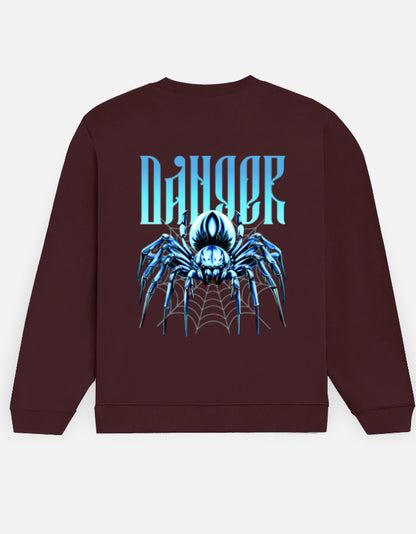 Danger Spider sweatshirt in Maroon – blue spider on a web with gothic 'DANGER' lettering back print, back view, Bonzo Peter's