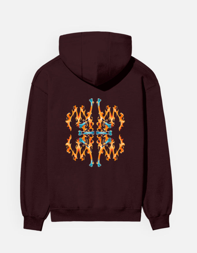 Fire Inside hoodie in Maroon – symmetrical orange flame and teal bone pattern back print, back view, Bonzo Peter's