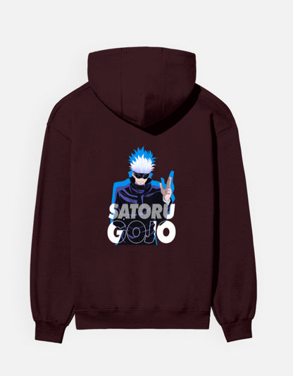 Satoru Gojo hoodie in Maroon – white-haired character in dark glasses with a blue outline and 'SATORU GOJO' lettering back print, Bonzo Peter's