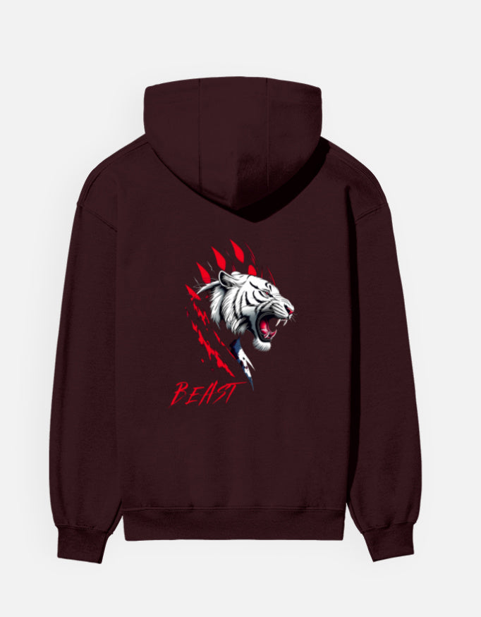 Beast Tiger hoodie in Maroon – white tiger face with red claw marks and 'BEAST' back print, back view, Bonzo Peter's