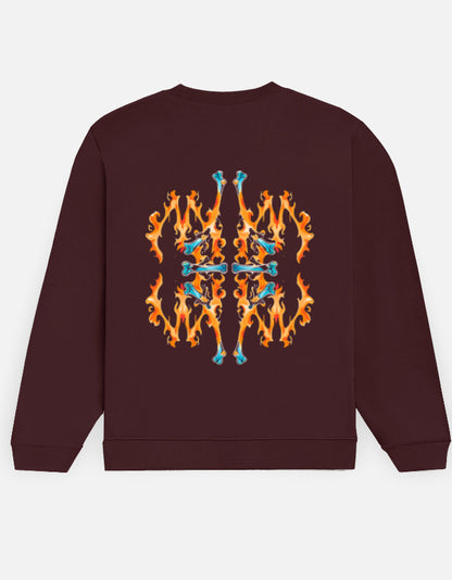 Fire Inside sweatshirt in Maroon – symmetrical orange flame and teal bone pattern back print, back view, Bonzo Peter's