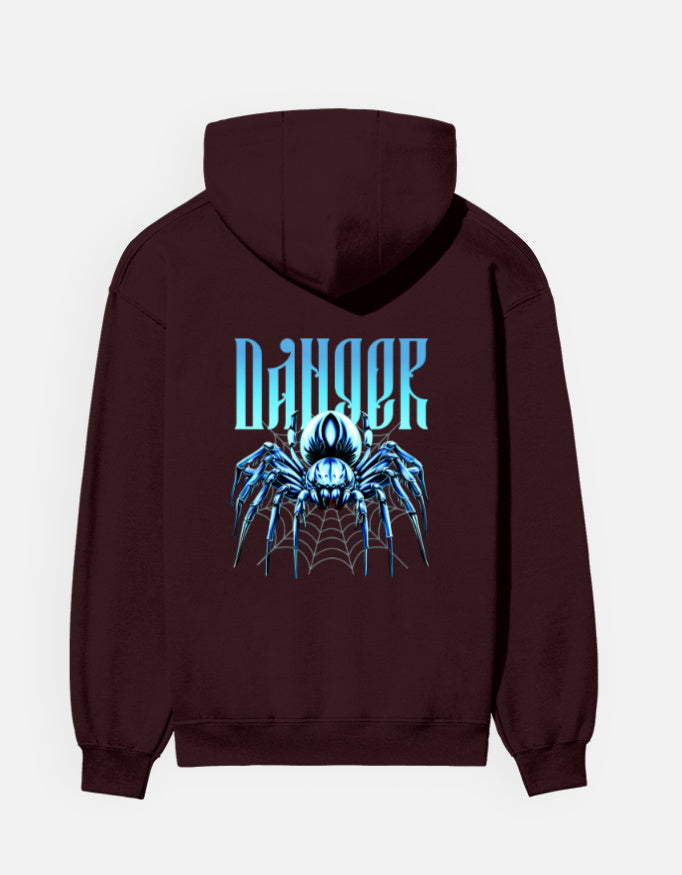 Danger Spider hoodie in Maroon – blue spider on a web with gothic 'DANGER' lettering back print, back view, Bonzo Peter's
