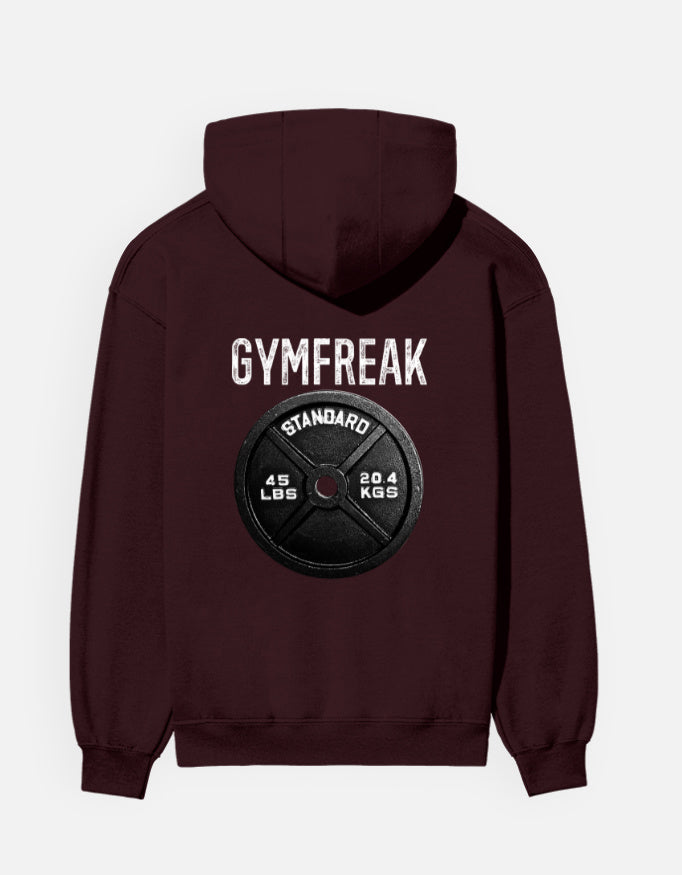 GymFreak hoodie in Maroon – 'GYMFREAK' lettering above a barbell plate back print, Bonzo Peter's