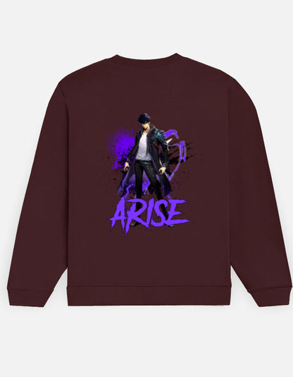 Arise sweatshirt in Maroon – figure in a long black coat with violet splatter and purple 'ARISE' lettering back print, Bonzo Peter's