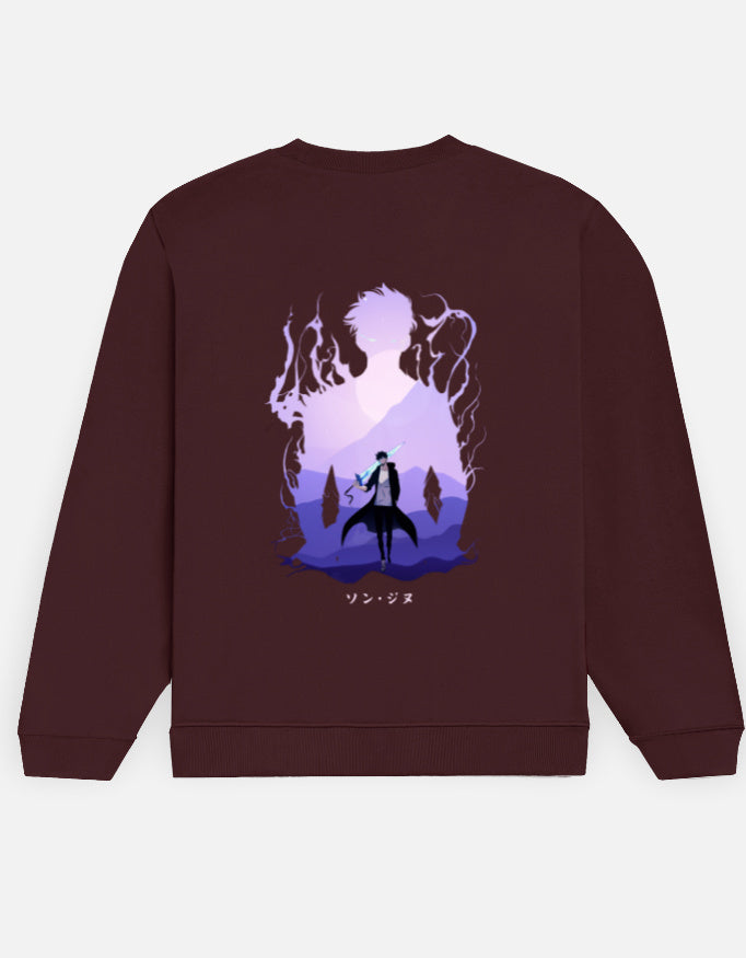 Solo Leveling Silhouette sweatshirt in Maroon – purple silhouette framing a lone swordsman in a misty mountain valley, Bonzo Peter's