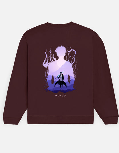 Solo Leveling Silhouette sweatshirt in Maroon – purple silhouette framing a lone swordsman in a misty mountain valley, Bonzo Peter's