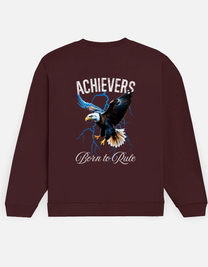 Achievers sweatshirt in Maroon – eagle in flight with 'ACHIEVERS' and 'Born to Rule' back print, back view, Bonzo Peter's