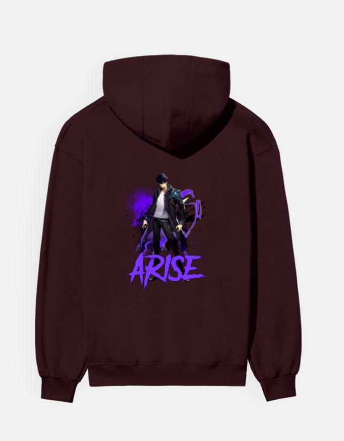 Arise hoodie in Maroon – figure in a long black coat with violet splatter and purple 'ARISE' lettering back print, Bonzo Peter's