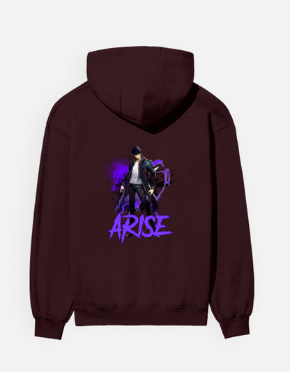 Arise hoodie in Maroon – figure in a long black coat with violet splatter and purple 'ARISE' lettering back print, Bonzo Peter's