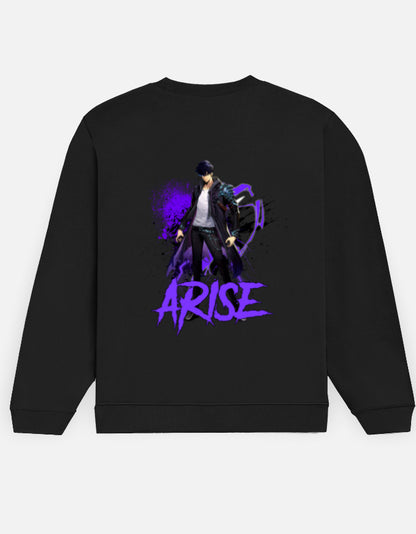 Arise sweatshirt in Black – figure in a long black coat with violet splatter and purple 'ARISE' lettering back print, Bonzo Peter's