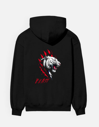 Beast Tiger hoodie in Black – white tiger face with red claw marks and 'BEAST' back print, back view, Bonzo Peter's