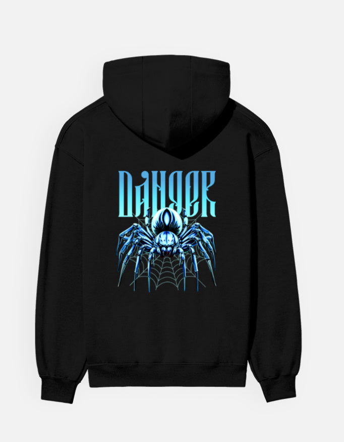 Danger Spider hoodie in Black – blue spider on a web with gothic 'DANGER' lettering back print, back view, Bonzo Peter's