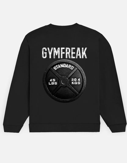GymFreak sweatshirt in Black – 'GYMFREAK' lettering above a barbell plate back print, back view, Bonzo Peter's