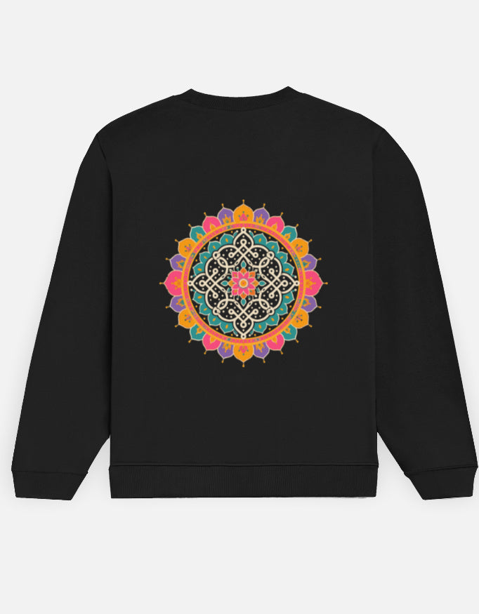 Kolam Mandala sweatshirt in Black – large kolam mandala back print, back view, Bonzo Peter's