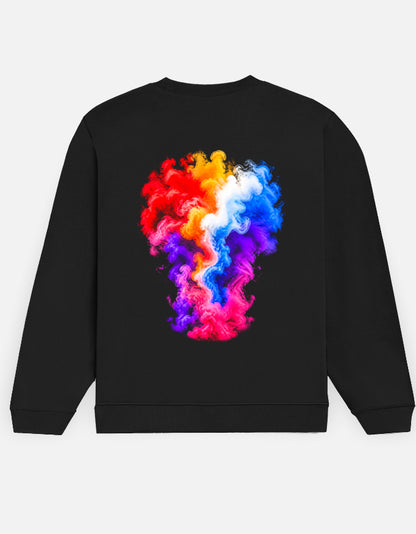 Colour Smoke sweatshirt in Black – tall multicolour smoke plume back print, back view, Bonzo Peter's