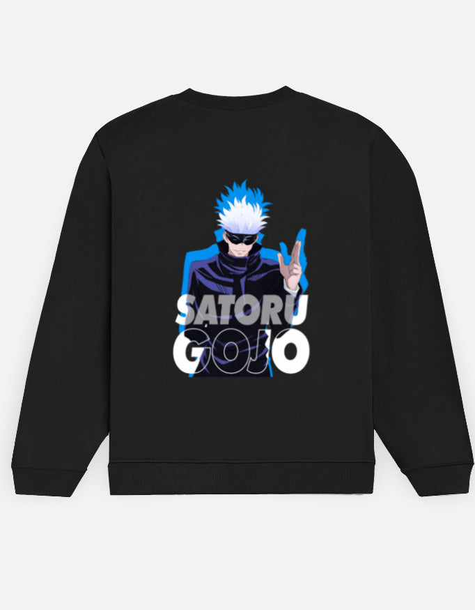 Satoru Gojo sweatshirt in Black – white-haired character in dark glasses with a blue outline and 'SATORU GOJO' lettering back print, Bonzo Peter's
