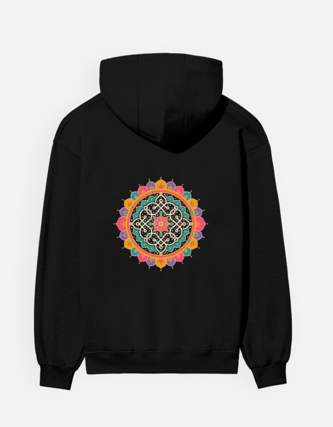 Kolam Mandala hoodie in Black – large kolam mandala back print, back view, Bonzo Peter's