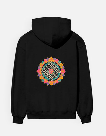 Kolam Mandala hoodie in Black – large kolam mandala back print, back view, Bonzo Peter's