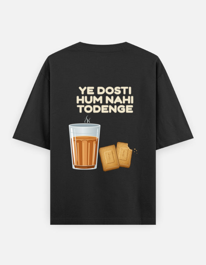 Ye Dosti Hum Nahi Todenge oversized T-shirt in Black – cutting chai and biscuits back print, back view, Bonzo Peter's