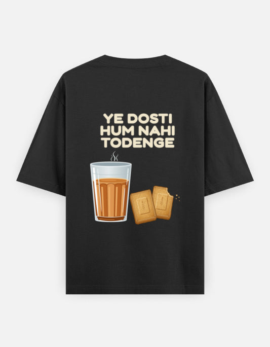 Ye Dosti Hum Nahi Todenge oversized T-shirt in Black – cutting chai and biscuits back print, back view, Bonzo Peter's