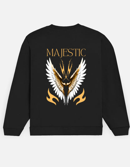 Majestic Wings sweatshirt in Black – gold 'MAJESTIC' wordmark above white-and-gold wings back print, back view, Bonzo Peter's