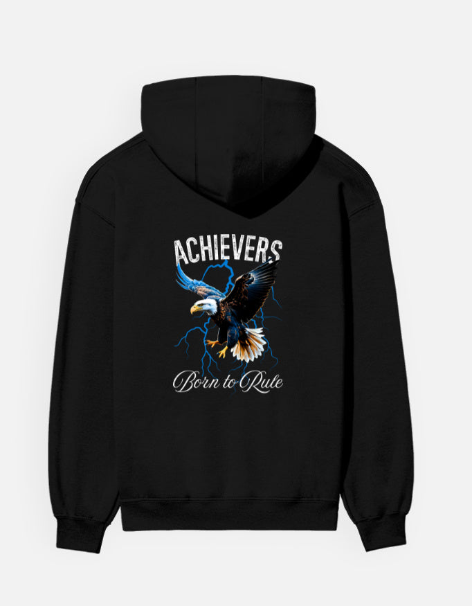 Achievers hoodie in Black – eagle in flight with 'ACHIEVERS' and 'Born to Rule' back print, back view, Bonzo Peter's