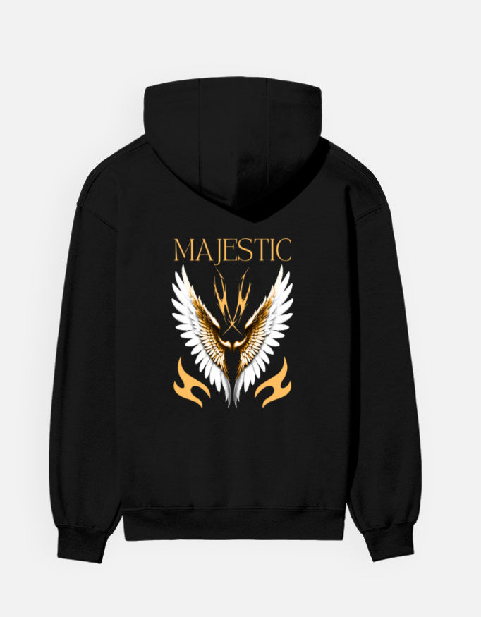 Majestic Wings hoodie in Black – gold 'MAJESTIC' wordmark above white-and-gold wings back print, back view, Bonzo Peter's