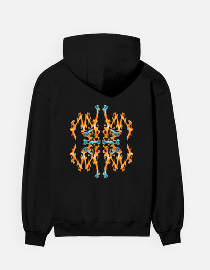 Fire Inside hoodie in Black – symmetrical orange flame and teal bone pattern back print, back view, Bonzo Peter's