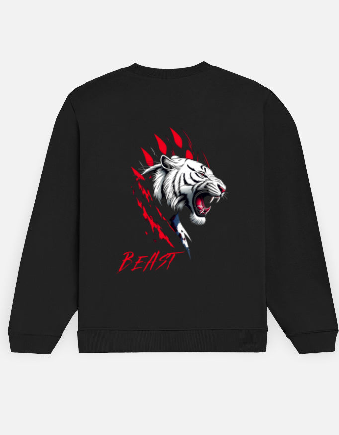 Beast Tiger sweatshirt in Black – white tiger face with red claw marks and 'BEAST' back print, back view, Bonzo Peter's