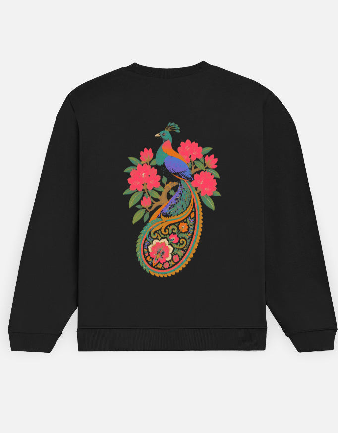 Monal sweatshirt in Black – Himalayan monal pheasant on a floral paisley back print, back view, Bonzo Peter's