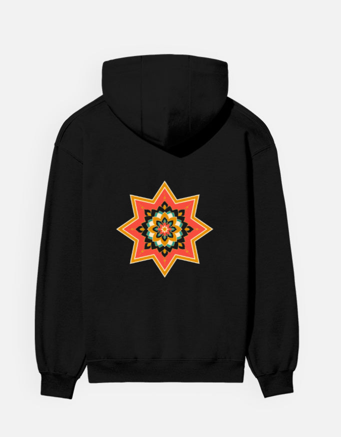 Ajrakh Star hoodie in Black – large Ajrakh star back print, back view, Bonzo Peter's