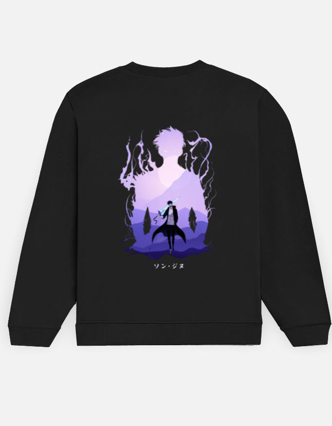 Solo Leveling Silhouette sweatshirt in Black – purple silhouette framing a lone swordsman in a misty mountain valley, Bonzo Peter's