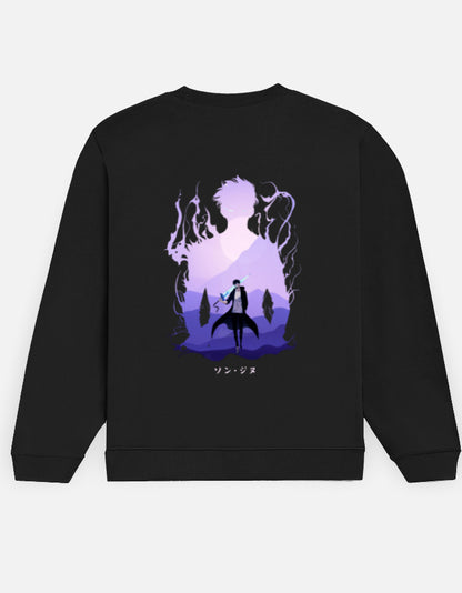 Solo Leveling Silhouette sweatshirt in Black – purple silhouette framing a lone swordsman in a misty mountain valley, Bonzo Peter's