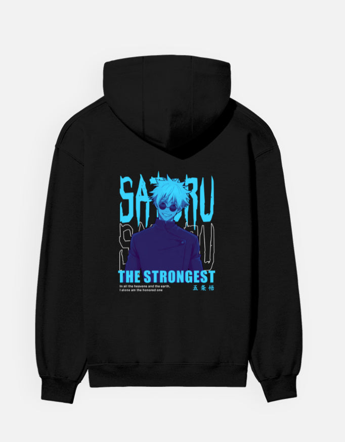 Satoru Gojo The Strongest hoodie in Black – cyan 'SATORU' and 'THE STRONGEST' lettering with a character in round dark glasses back print, Bonzo Peter's