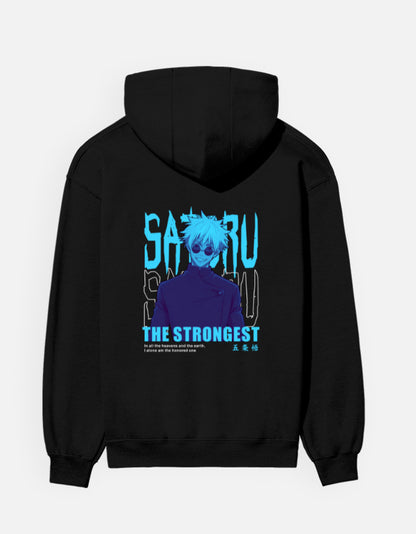 Satoru Gojo The Strongest hoodie in Black – cyan 'SATORU' and 'THE STRONGEST' lettering with a character in round dark glasses back print, Bonzo Peter's