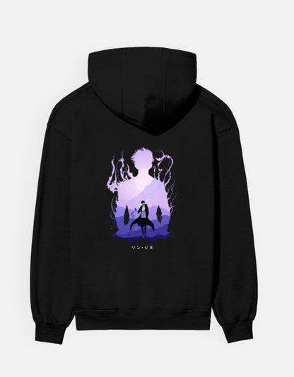 Solo Leveling Silhouette hoodie in Black – purple silhouette framing a lone swordsman in a misty mountain valley, Bonzo Peter's