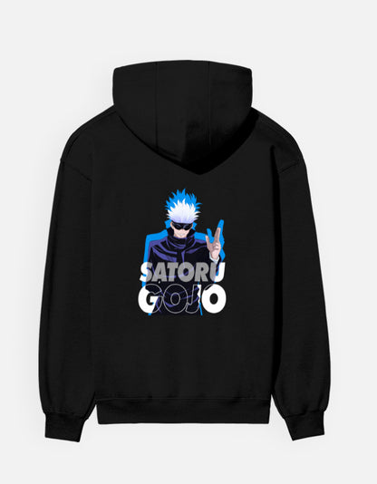 Satoru Gojo hoodie in Black – white-haired character in dark glasses with a blue outline and 'SATORU GOJO' lettering back print, Bonzo Peter's