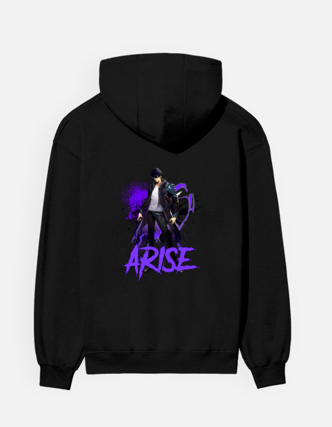 Arise hoodie in Black – figure in a long black coat with violet splatter and purple 'ARISE' lettering back print, Bonzo Peter's