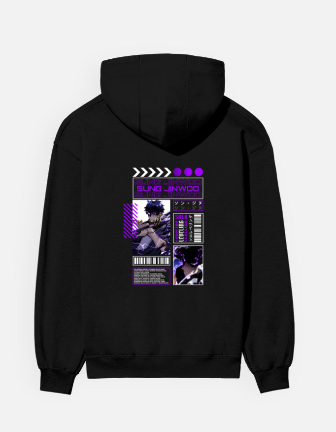 Sung Jinwoo hoodie in Black – manga-panel layout with purple 'SUNG JINWOO' lettering and a fighter in violet lightning back print, Bonzo Peter's