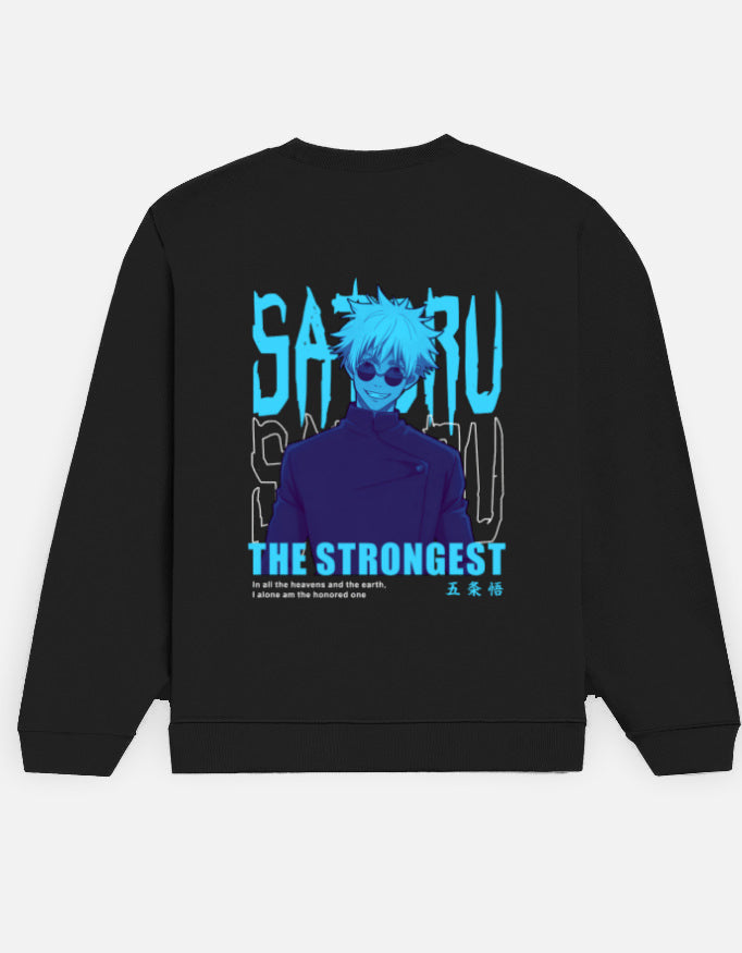 Satoru Gojo The Strongest sweatshirt in Black – cyan 'SATORU' and 'THE STRONGEST' lettering with a character in round dark glasses back print, Bonzo Peter's