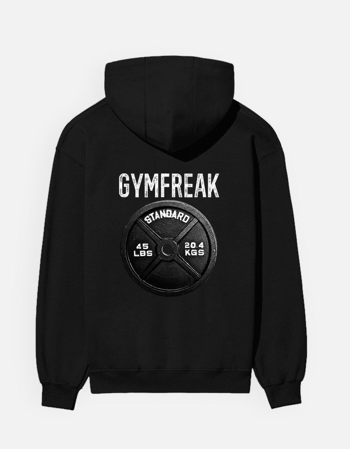 GymFreak hoodie in Black – 'GYMFREAK' lettering above a barbell plate back print, Bonzo Peter's