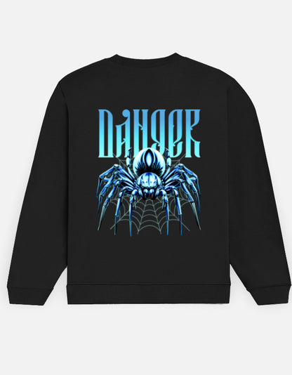 Danger Spider sweatshirt in Black – blue spider on a web with gothic 'DANGER' lettering back print, back view, Bonzo Peter's