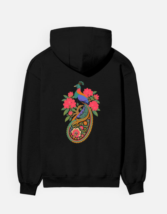 Monal hoodie in Black – Himalayan monal pheasant on a floral paisley back print, back view, Bonzo Peter's