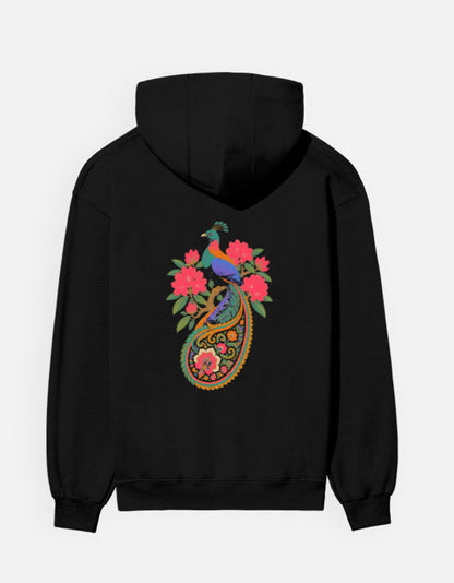 Monal hoodie in Black – Himalayan monal pheasant on a floral paisley back print, back view, Bonzo Peter's